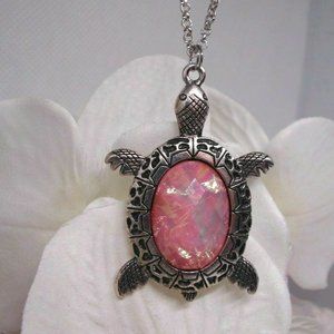 PINK Opal Silver Turtle Sea Ocean Necklace Beach